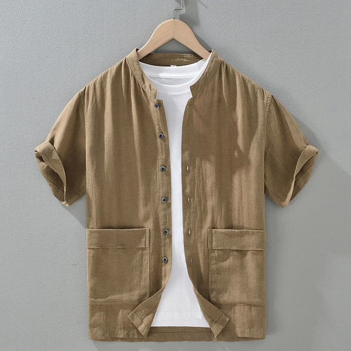 Buddha Stones Chemises d'été décontractées pour hommes, col mandarin, boutonnées, manches courtes, unies, avec poches - BurlyWood - US/UK/AU42，EU52 (3XL) - image 1
