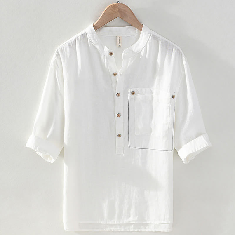 Buddha Stones Chemise homme en lin uni, manches courtes, col mandarin, style Tang, style décontracté d'été, avec poche plaquée - Blanc - US/UK/AU42，EU52 (3XL) - image 13
