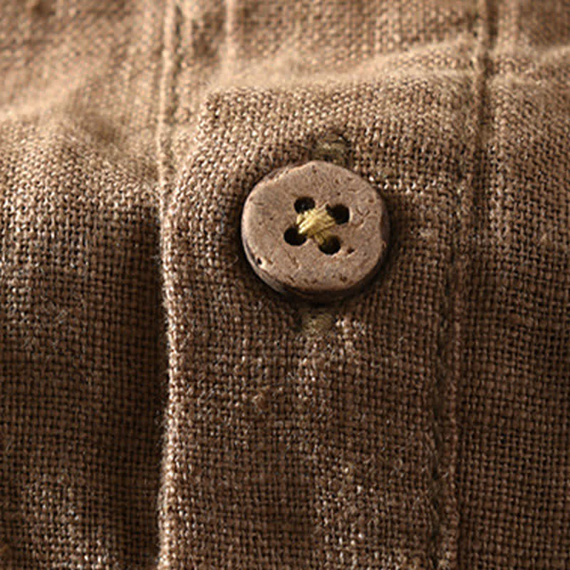Buddha Stones Chemise homme en lin uni, manches courtes, col mandarin, style Tang, style décontracté d'été, avec poche plaquée - image 4