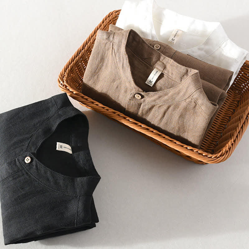 Buddha Stones Chemise homme en lin uni, manches courtes, col mandarin, style Tang, style décontracté d'été, avec poche plaquée - image 22