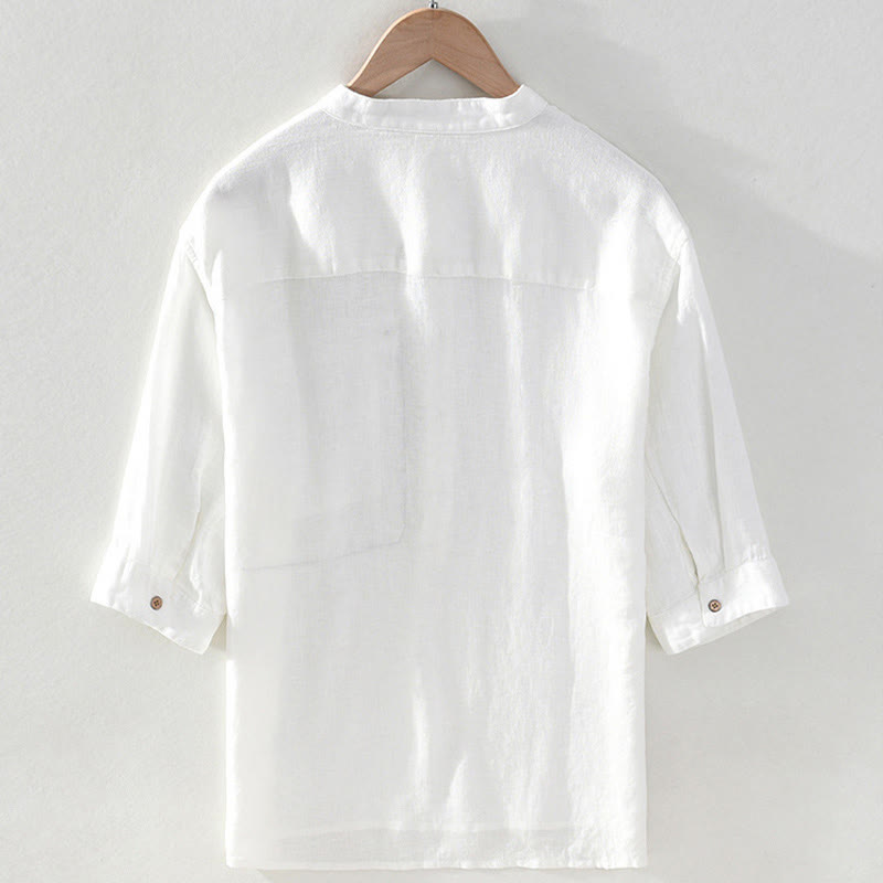 Buddha Stones Chemise homme en lin uni, manches courtes, col mandarin, style Tang, style décontracté d'été, avec poche plaquée - image 14