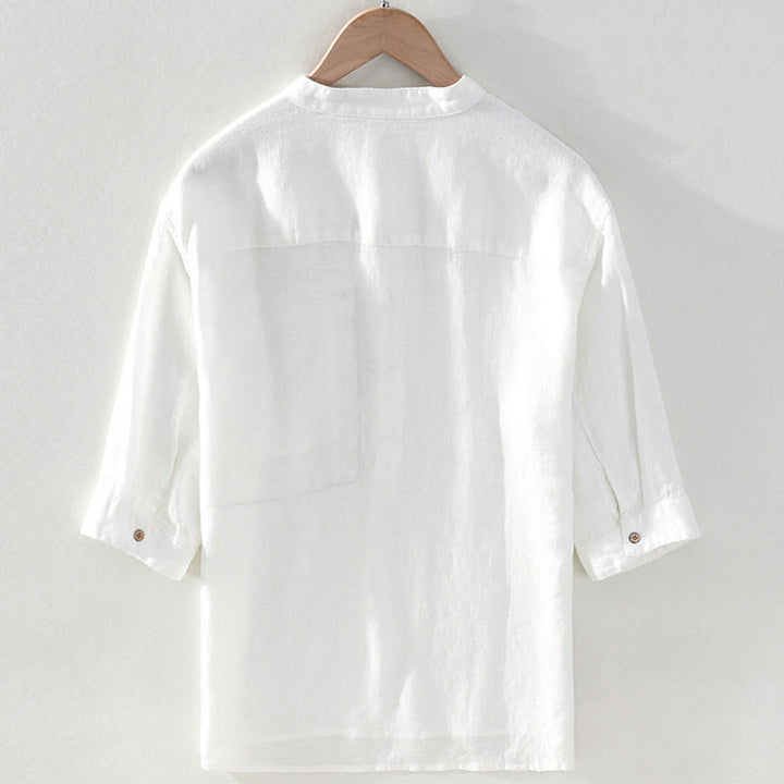 Buddha Stones Chemise homme en lin uni, manches courtes, col mandarin, style Tang, style décontracté d'été, avec poche plaquée - image 14