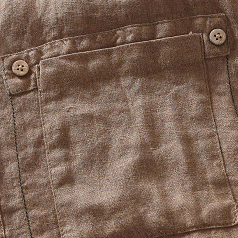 Buddha Stones Chemise homme en lin uni, manches courtes, col mandarin, style Tang, style décontracté d'été, avec poche plaquée - image 3
