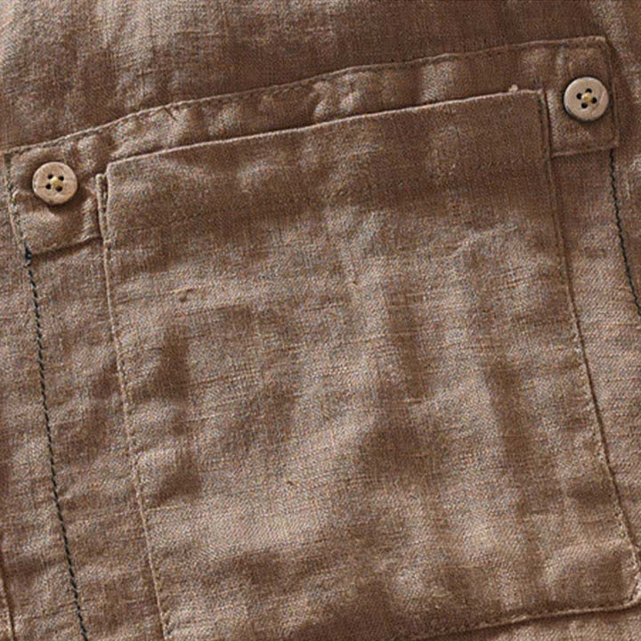 Buddha Stones Chemise homme en lin uni, manches courtes, col mandarin, style Tang, style décontracté d'été, avec poche plaquée - image 3