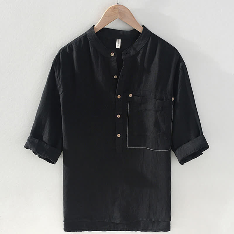 Buddha Stones Chemise homme en lin uni, manches courtes, col mandarin, style Tang, style décontracté d'été, avec poche plaquée - Noir - US/UK/AU42，EU52 (3XL) - image 8