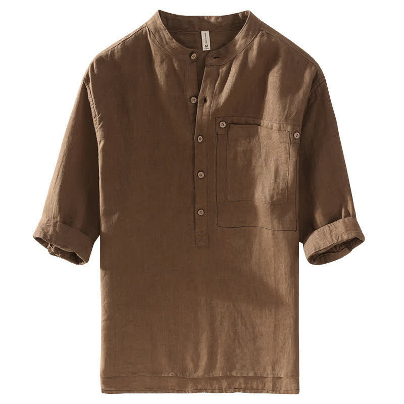 Buddha Stones Chemise homme en lin uni, manches courtes, col mandarin, style Tang, style décontracté d'été, avec poche plaquée - image 1