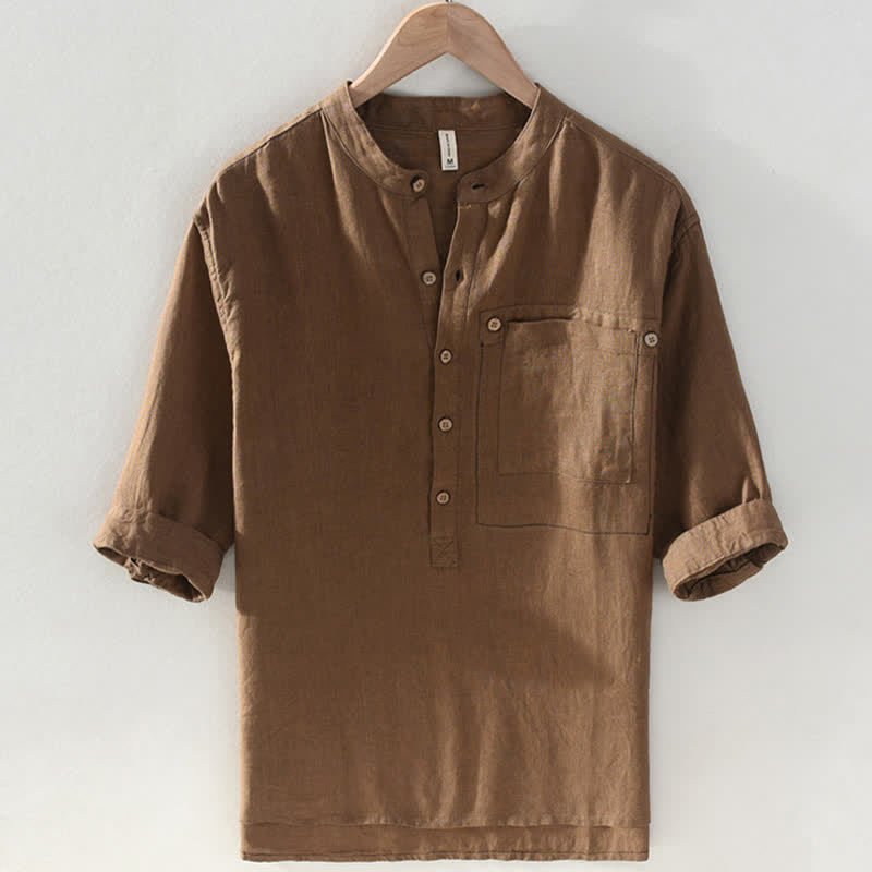 Buddha Stones Chemise homme en lin uni, manches courtes, col mandarin, style Tang, style décontracté d'été, avec poche plaquée - Terre de sienne - US/UK/AU42，EU52 (3XL) - image 0