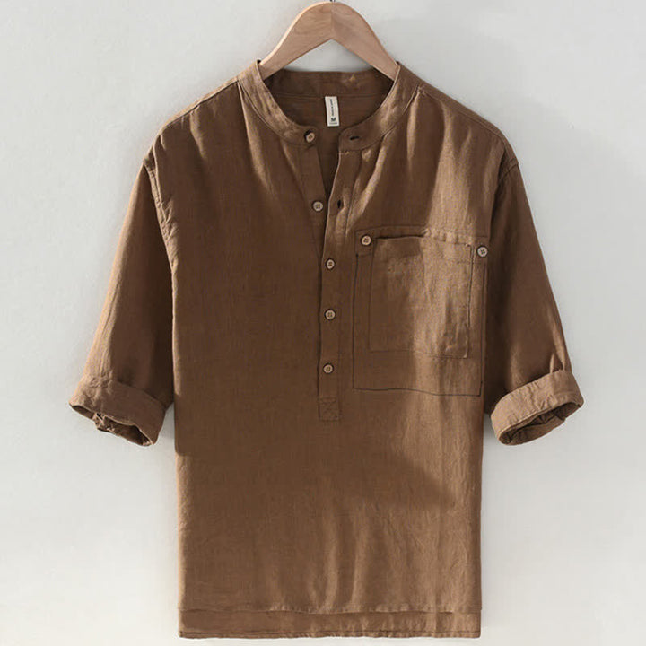 Buddha Stones Chemise homme en lin uni, manches courtes, col mandarin, style Tang, style décontracté d'été, avec poche plaquée - Terre de sienne - US/UK/AU42，EU52 (3XL) - image 0