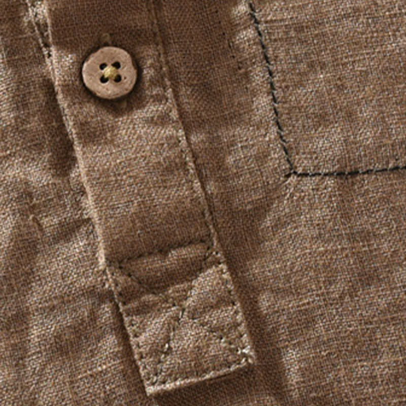 Buddha Stones Chemise homme en lin uni, manches courtes, col mandarin, style Tang, style décontracté d'été, avec poche plaquée - image 5