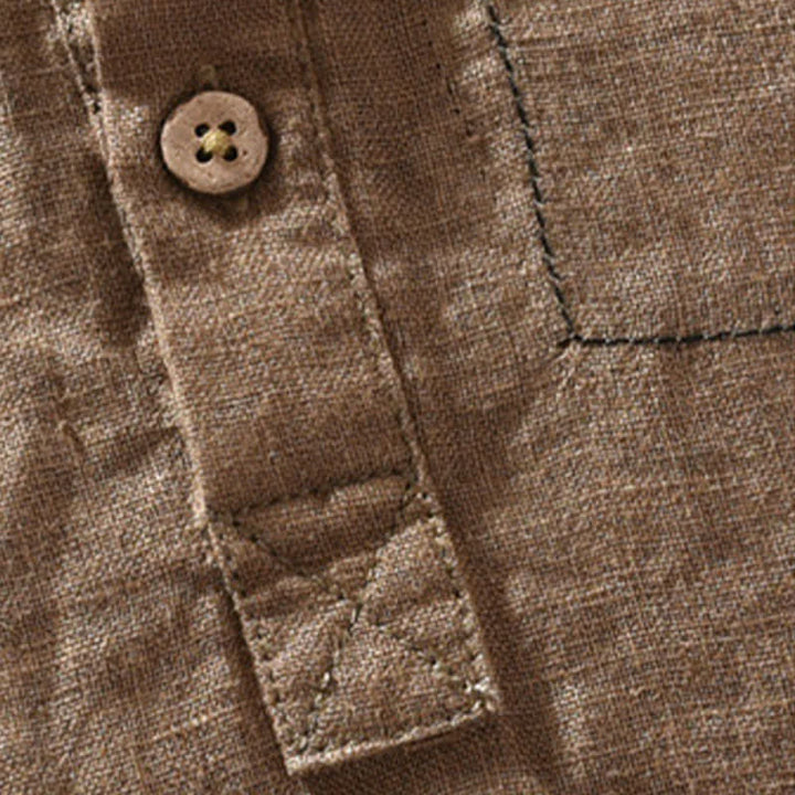 Buddha Stones Chemise homme en lin uni, manches courtes, col mandarin, style Tang, style décontracté d'été, avec poche plaquée - image 5