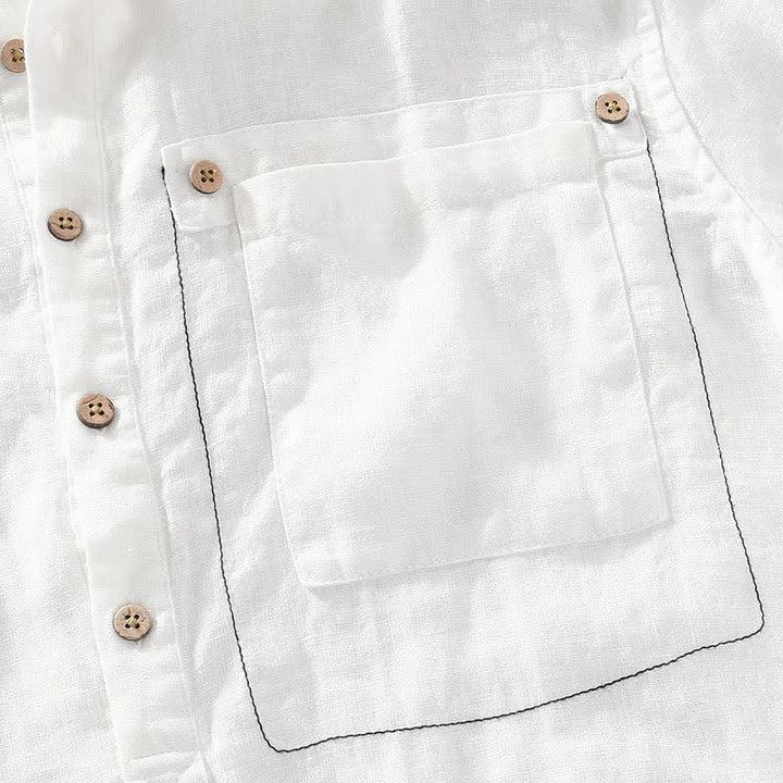 Buddha Stones Chemise homme en lin uni, manches courtes, col mandarin, style Tang, style décontracté d'été, avec poche plaquée - image 16