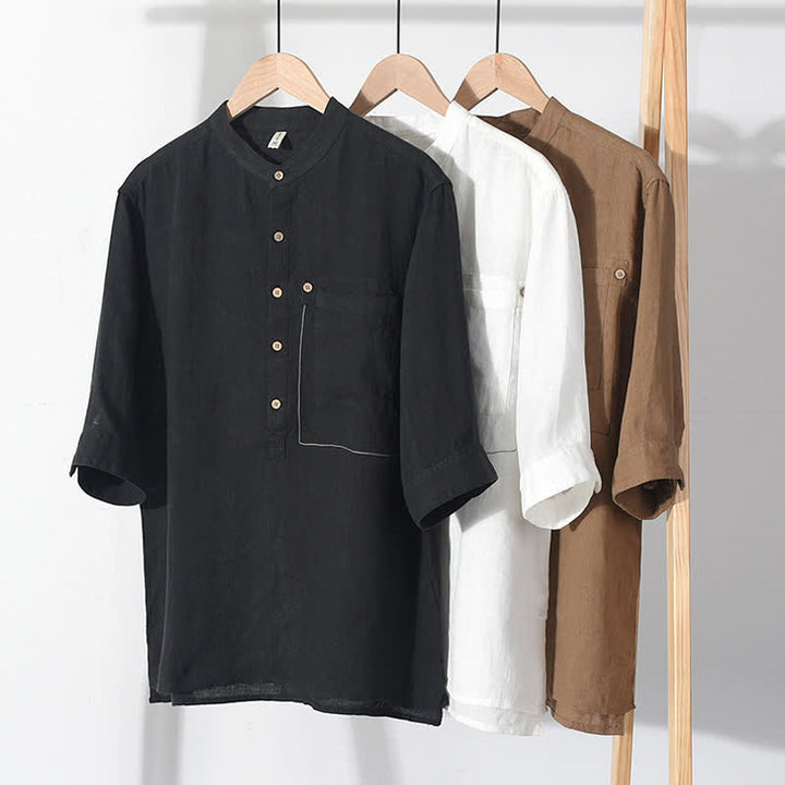 Buddha Stones Chemise homme en lin uni, manches courtes, col mandarin, style Tang, style décontracté d'été, avec poche plaquée - image 21