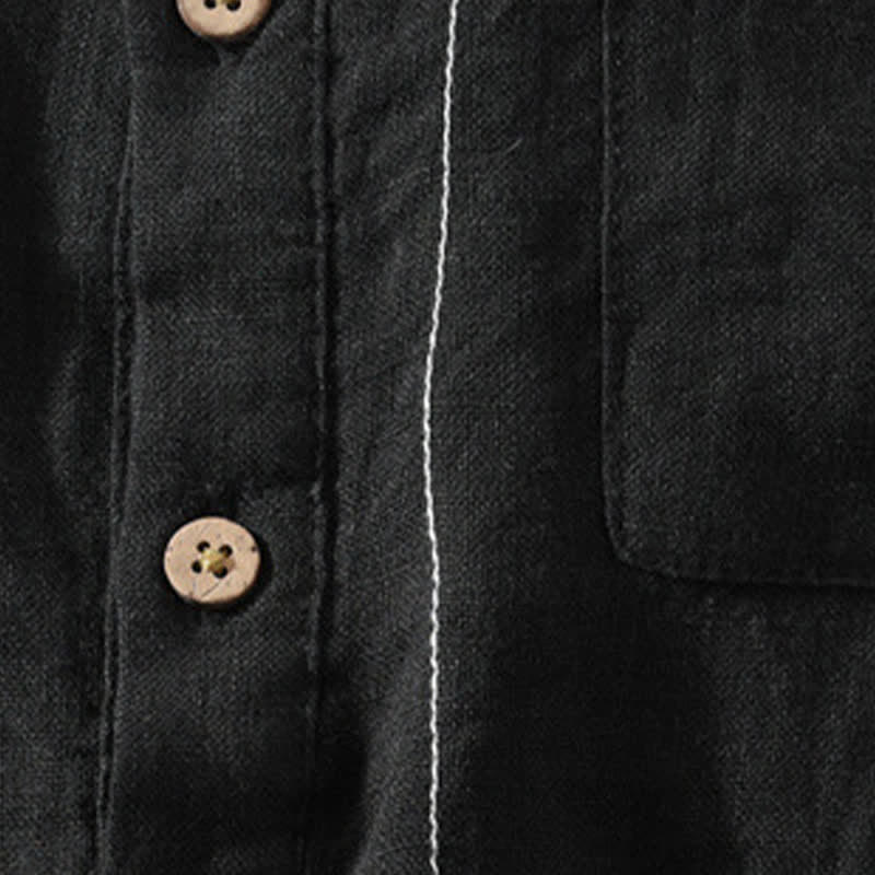 Buddha Stones Chemise homme en lin uni, manches courtes, col mandarin, style Tang, style décontracté d'été, avec poche plaquée - image 12