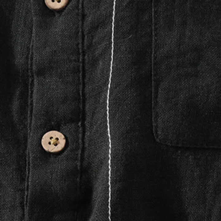 Buddha Stones Chemise homme en lin uni, manches courtes, col mandarin, style Tang, style décontracté d'été, avec poche plaquée - image 12