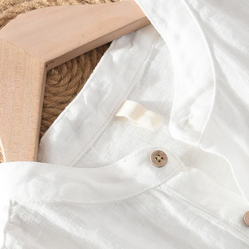 Buddha Stones Chemise homme en lin uni, manches courtes, col mandarin, style Tang, style décontracté d'été, avec poche plaquée - image 15