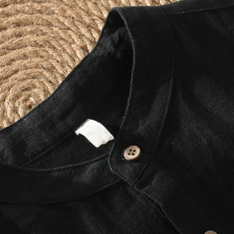 Buddha Stones Chemise homme en lin uni, manches courtes, col mandarin, style Tang, style décontracté d'été, avec poche plaquée - image 9