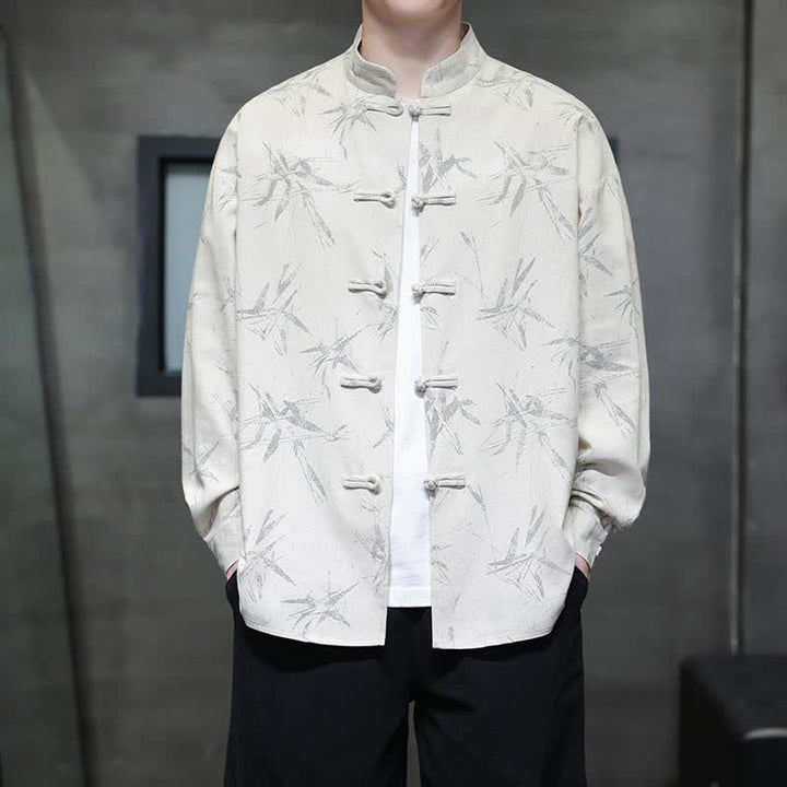 Buddha Stones Chemises à manches longues pour hommes, style automne Tang, col mandarin vintage, en coton et lin, motif feuille de bambou - Blanc - US/UK/AU46，EU56 (5XL) - image 0