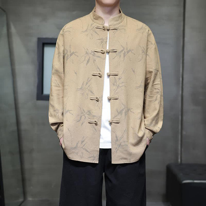 Buddha Stones Chemises à manches longues pour hommes, style automne Tang, col mandarin vintage, en coton et lin, motif feuille de bambou - image 15