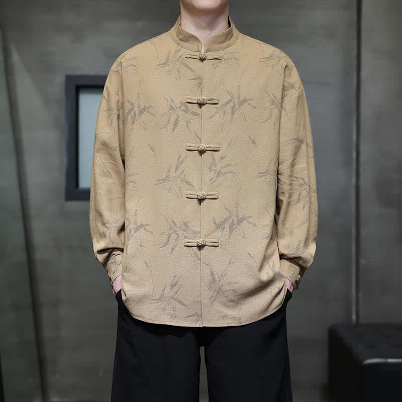 Buddha Stones Chemises à manches longues pour hommes, style automne Tang, col mandarin vintage, en coton et lin, motif feuille de bambou - Tanné - US/UK/AU46，EU56 (5XL) - image 11
