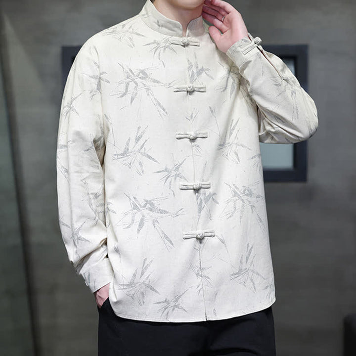 Buddha Stones Chemises à manches longues pour hommes, style automne Tang, col mandarin vintage, en coton et lin, motif feuille de bambou - image 1