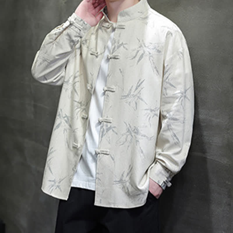 Buddha Stones Chemises à manches longues pour hommes, style automne Tang, col mandarin vintage, en coton et lin, motif feuille de bambou - image 4