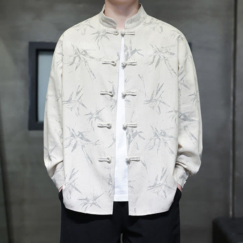 Buddha Stones Chemises à manches longues pour hommes, style automne Tang, col mandarin vintage, en coton et lin, motif feuille de bambou - image 8