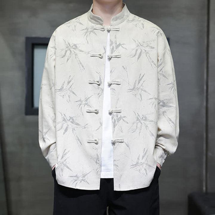 Buddha Stones Chemises à manches longues pour hommes, style automne Tang, col mandarin vintage, en coton et lin, motif feuille de bambou - image 8