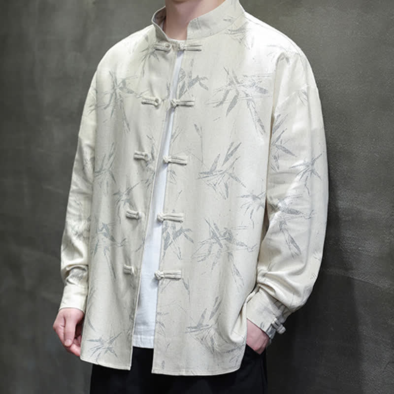 Buddha Stones Chemises à manches longues pour hommes, style automne Tang, col mandarin vintage, en coton et lin, motif feuille de bambou - image 10