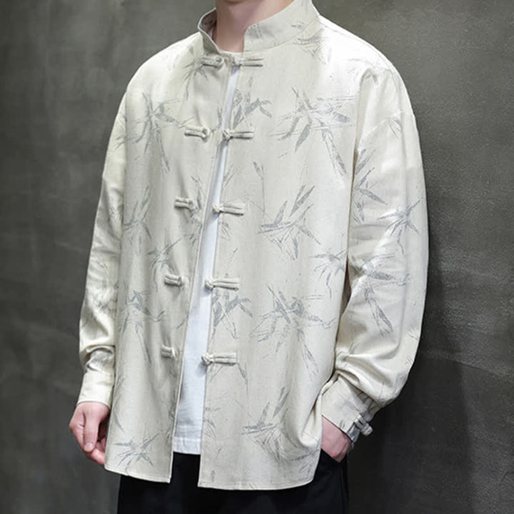 Buddha Stones Chemises à manches longues pour hommes, style automne Tang, col mandarin vintage, en coton et lin, motif feuille de bambou - image 10