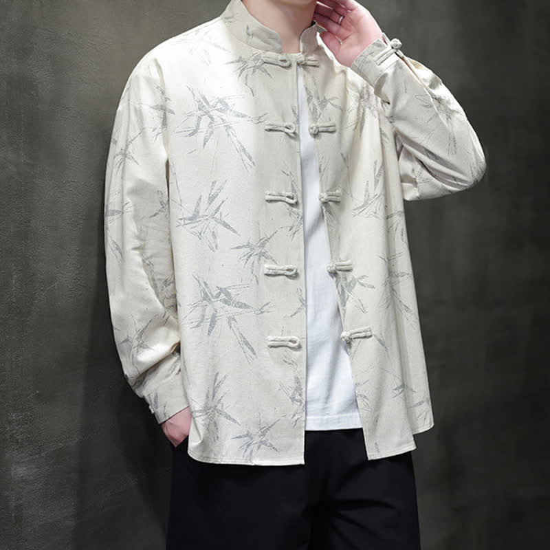 Buddha Stones Chemises à manches longues pour hommes, style automne Tang, col mandarin vintage, en coton et lin, motif feuille de bambou - image 3