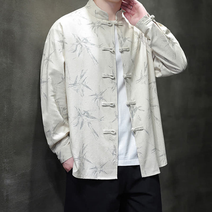 Buddha Stones Chemises à manches longues pour hommes, style automne Tang, col mandarin vintage, en coton et lin, motif feuille de bambou - image 3
