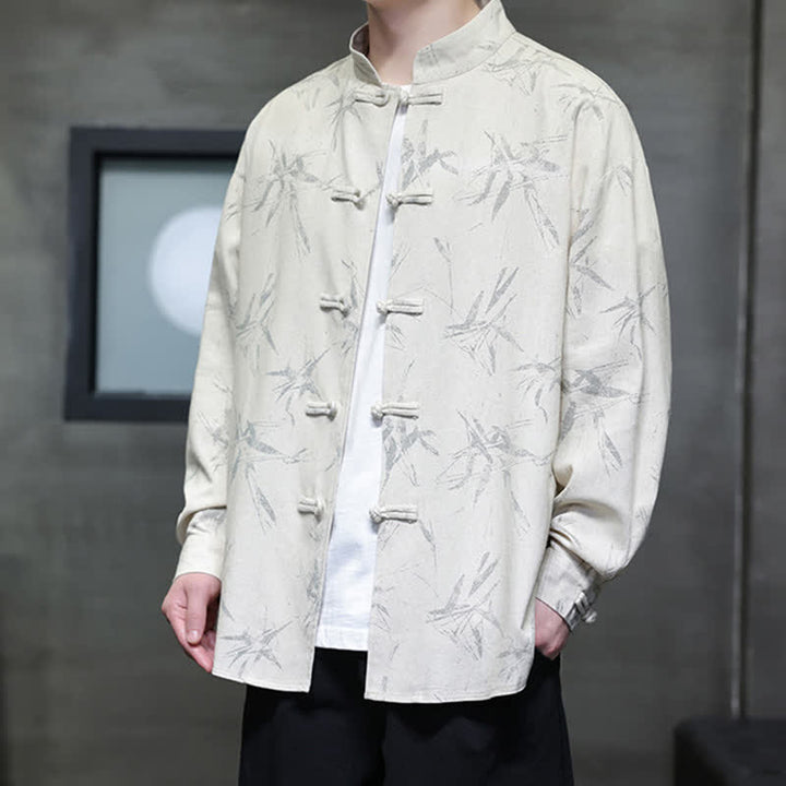 Buddha Stones Chemises à manches longues pour hommes, style automne Tang, col mandarin vintage, en coton et lin, motif feuille de bambou - image 7