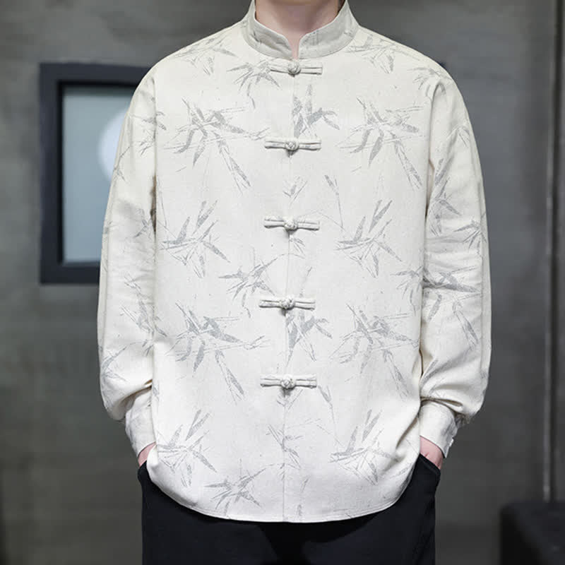 Buddha Stones Chemises à manches longues pour hommes, style automne Tang, col mandarin vintage, en coton et lin, motif feuille de bambou - image 5