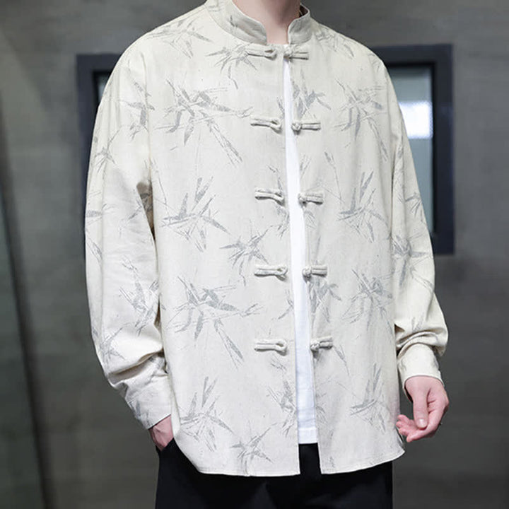 Buddha Stones Chemises à manches longues pour hommes, style automne Tang, col mandarin vintage, en coton et lin, motif feuille de bambou - image 6