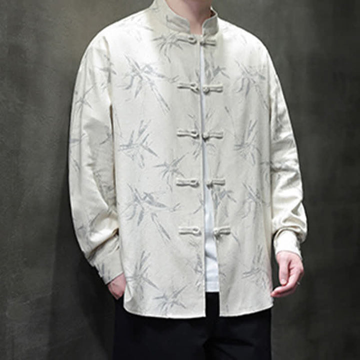 Buddha Stones Chemises à manches longues pour hommes, style automne Tang, col mandarin vintage, en coton et lin, motif feuille de bambou - image 9