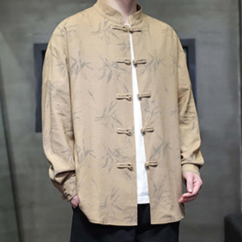 Buddha Stones Chemises à manches longues pour hommes, style automne Tang, col mandarin vintage, en coton et lin, motif feuille de bambou - image 19