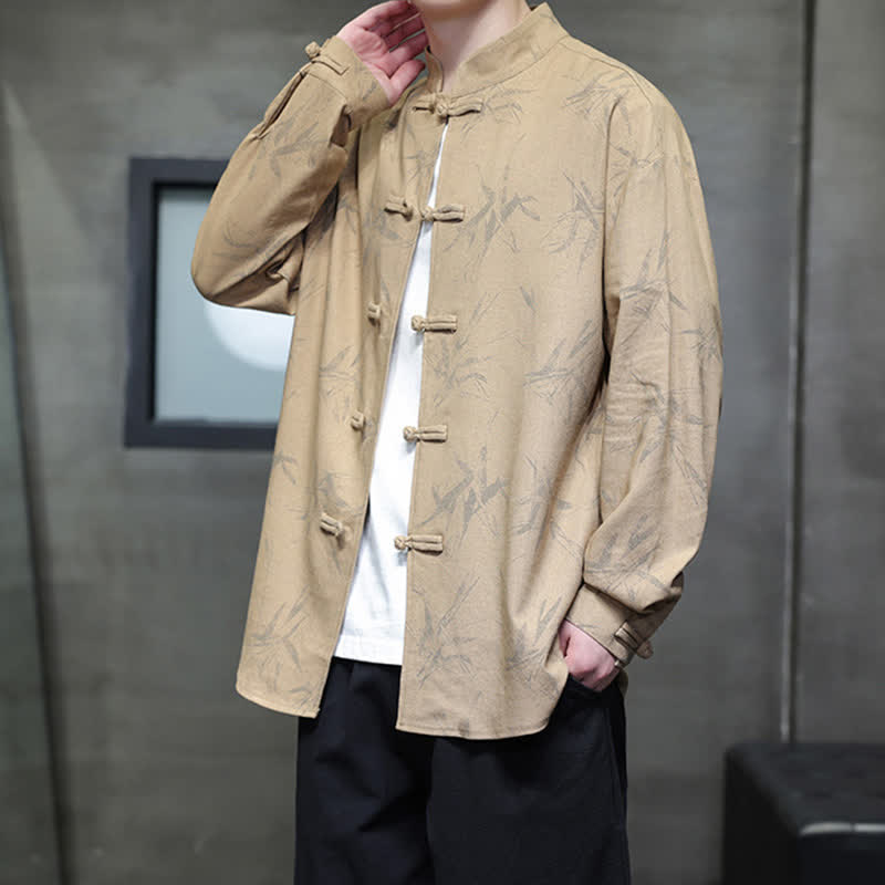 Buddha Stones Chemises à manches longues pour hommes, style automne Tang, col mandarin vintage, en coton et lin, motif feuille de bambou - image 16
