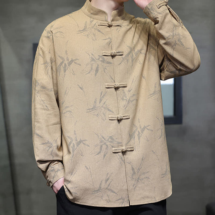 Buddha Stones Chemises à manches longues pour hommes, style automne Tang, col mandarin vintage, en coton et lin, motif feuille de bambou - image 12