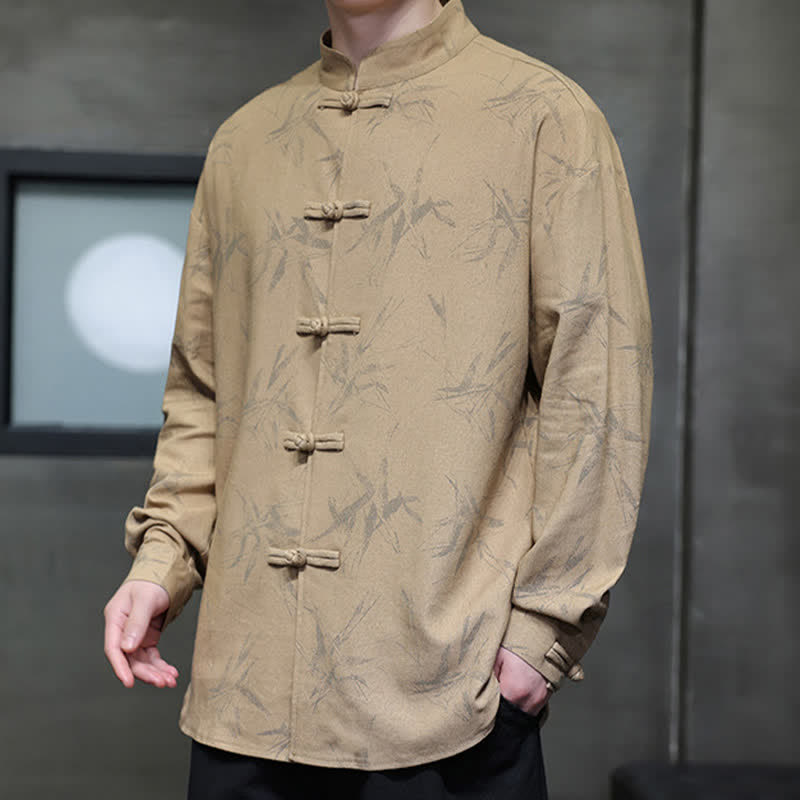 Buddha Stones Chemises à manches longues pour hommes, style automne Tang, col mandarin vintage, en coton et lin, motif feuille de bambou - image 13