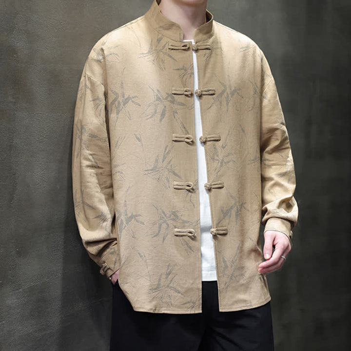 Buddha Stones Chemises à manches longues pour hommes, style automne Tang, col mandarin vintage, en coton et lin, motif feuille de bambou - image 17