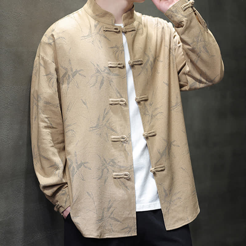 Buddha Stones Chemises à manches longues pour hommes, style automne Tang, col mandarin vintage, en coton et lin, motif feuille de bambou - image 18