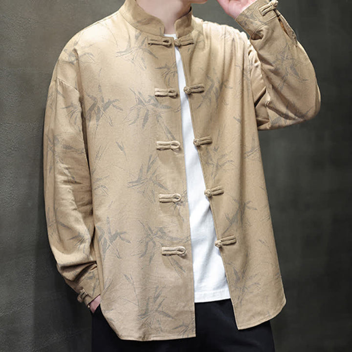 Buddha Stones Chemises à manches longues pour hommes, style automne Tang, col mandarin vintage, en coton et lin, motif feuille de bambou - image 18