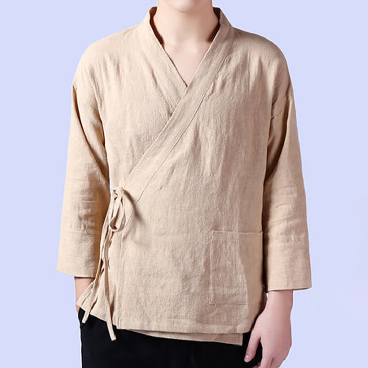 Buddha Stones Kimono homme style Tang décontracté printanier, cordon de serrage, en ramie unie, avec poche - image 2