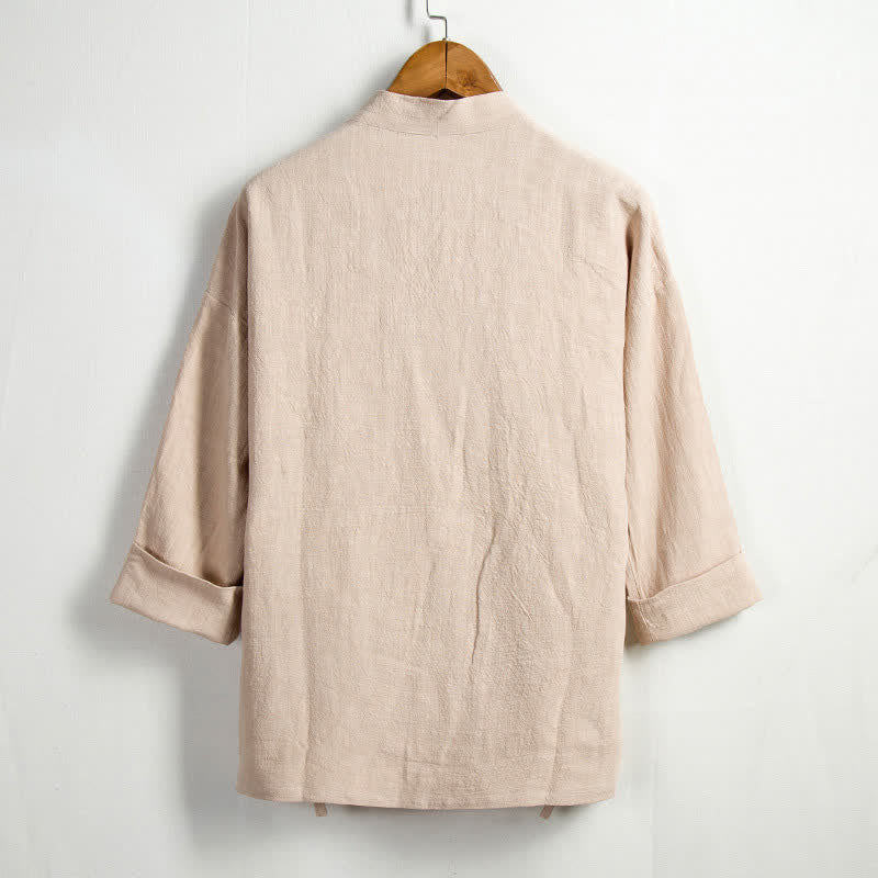 Buddha Stones Kimono homme style Tang décontracté printanier, cordon de serrage, en ramie unie, avec poche - image 1