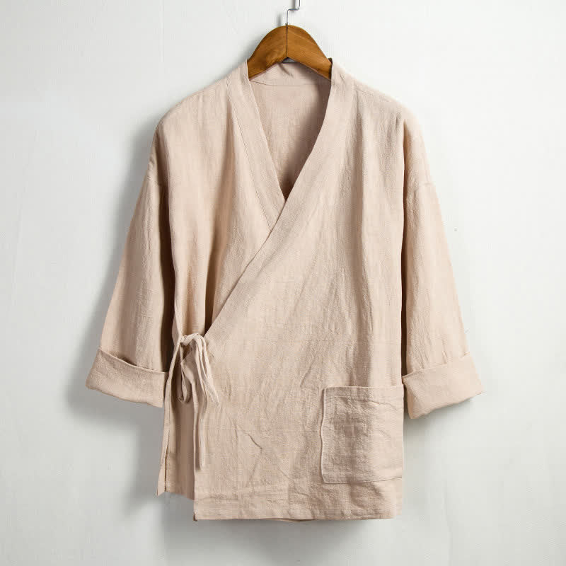Buddha Stones Kimono homme style Tang décontracté printanier, cordon de serrage, en ramie unie, avec poche - Blé - US/UK/AU44，EU54 (4XL) - image 0