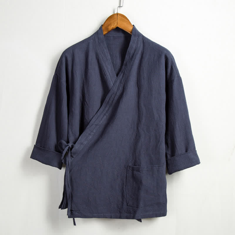 Buddha Stones Kimono homme style Tang décontracté printanier, cordon de serrage, en ramie unie, avec poche - Gris ardoise - US/UK/AU44，EU54 (4XL) - image 14