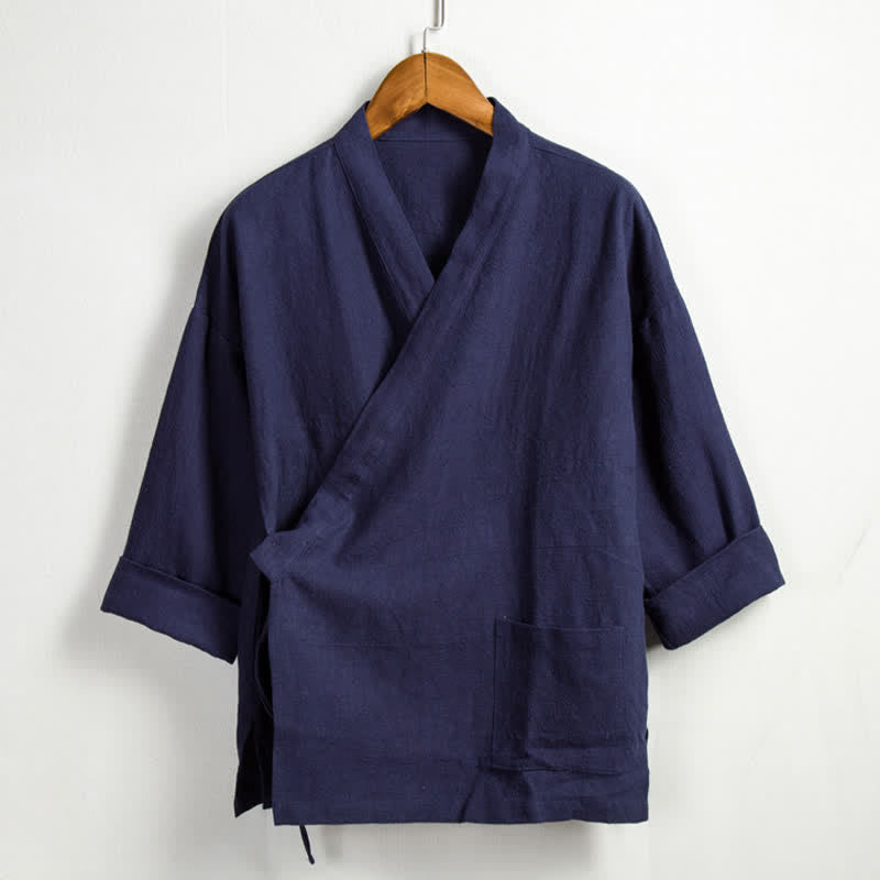 Buddha Stones Kimono homme style Tang décontracté printanier, cordon de serrage, en ramie unie, avec poche - Marine - US/UK/AU44，EU54 (4XL) - image 12