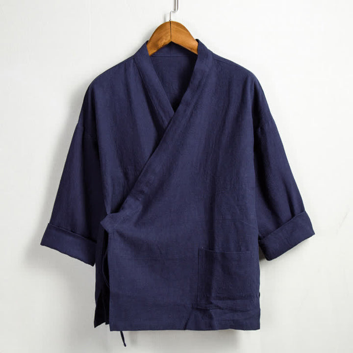 Buddha Stones Kimono homme style Tang décontracté printanier, cordon de serrage, en ramie unie, avec poche - Marine - US/UK/AU44，EU54 (4XL) - image 12