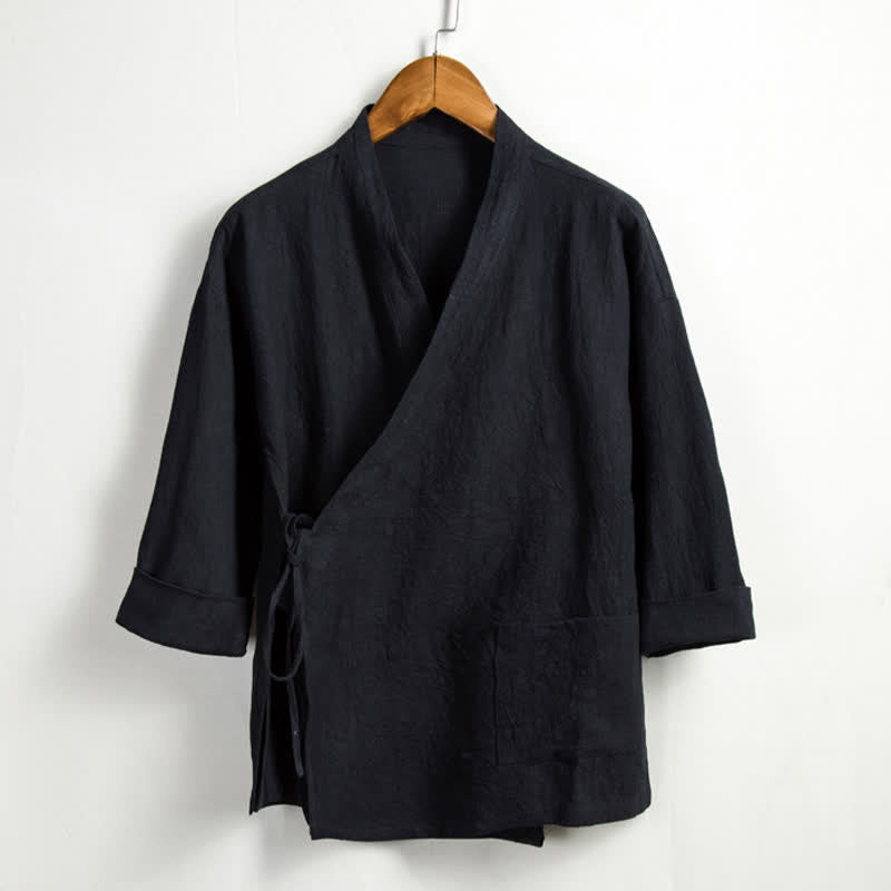 Buddha Stones Kimono homme style Tang décontracté printanier, cordon de serrage, en ramie unie, avec poche - Noir - US/UK/AU44，EU54 (4XL) - image 10