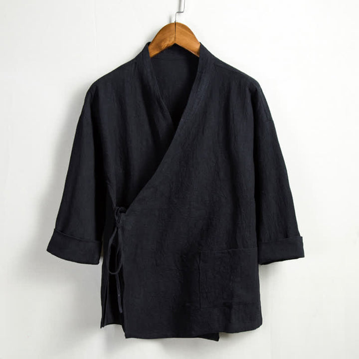 Buddha Stones Kimono homme style Tang décontracté printanier, cordon de serrage, en ramie unie, avec poche - Noir - US/UK/AU44，EU54 (4XL) - image 10